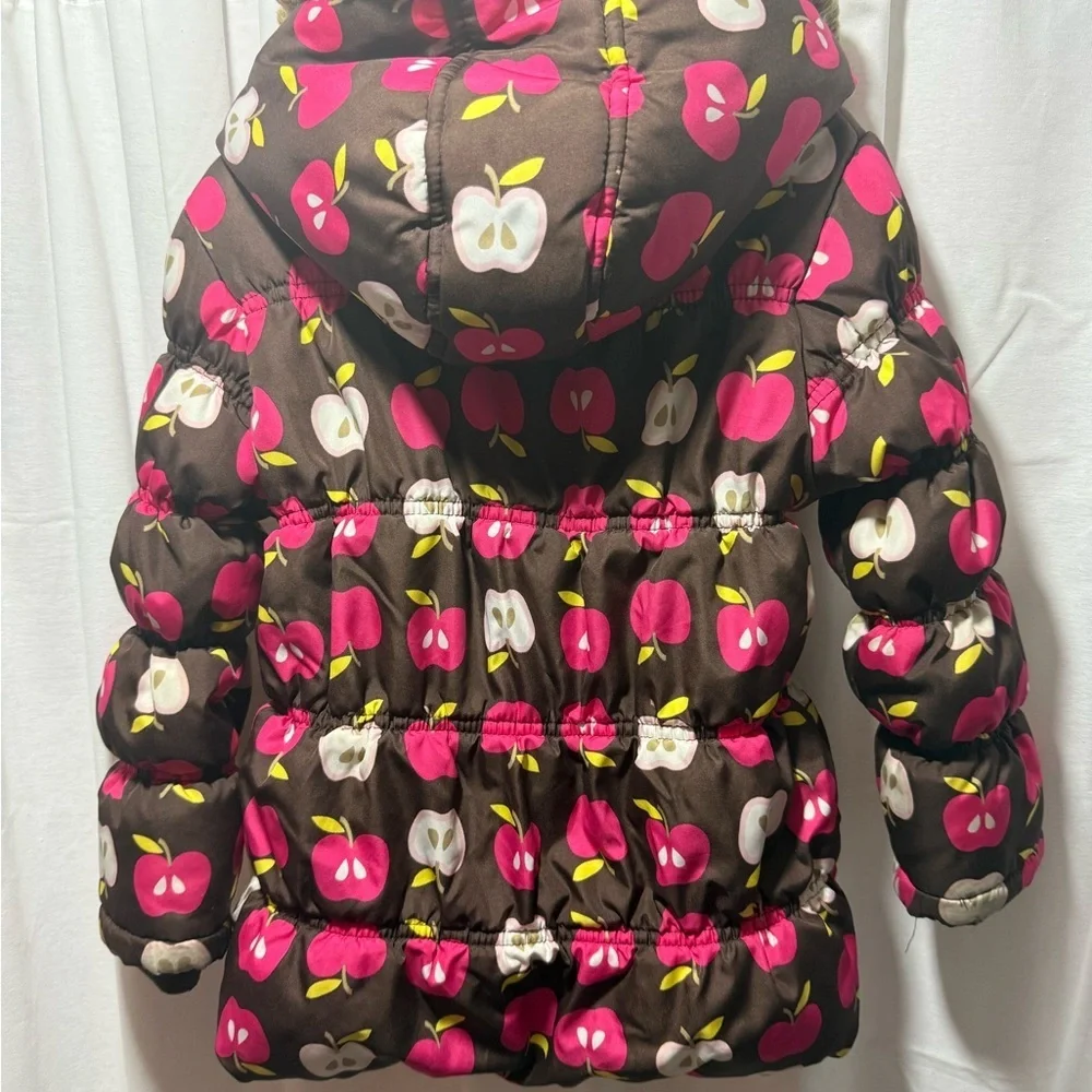 Falls Creek Brown Puffer Coat with Pink and White Apple Print